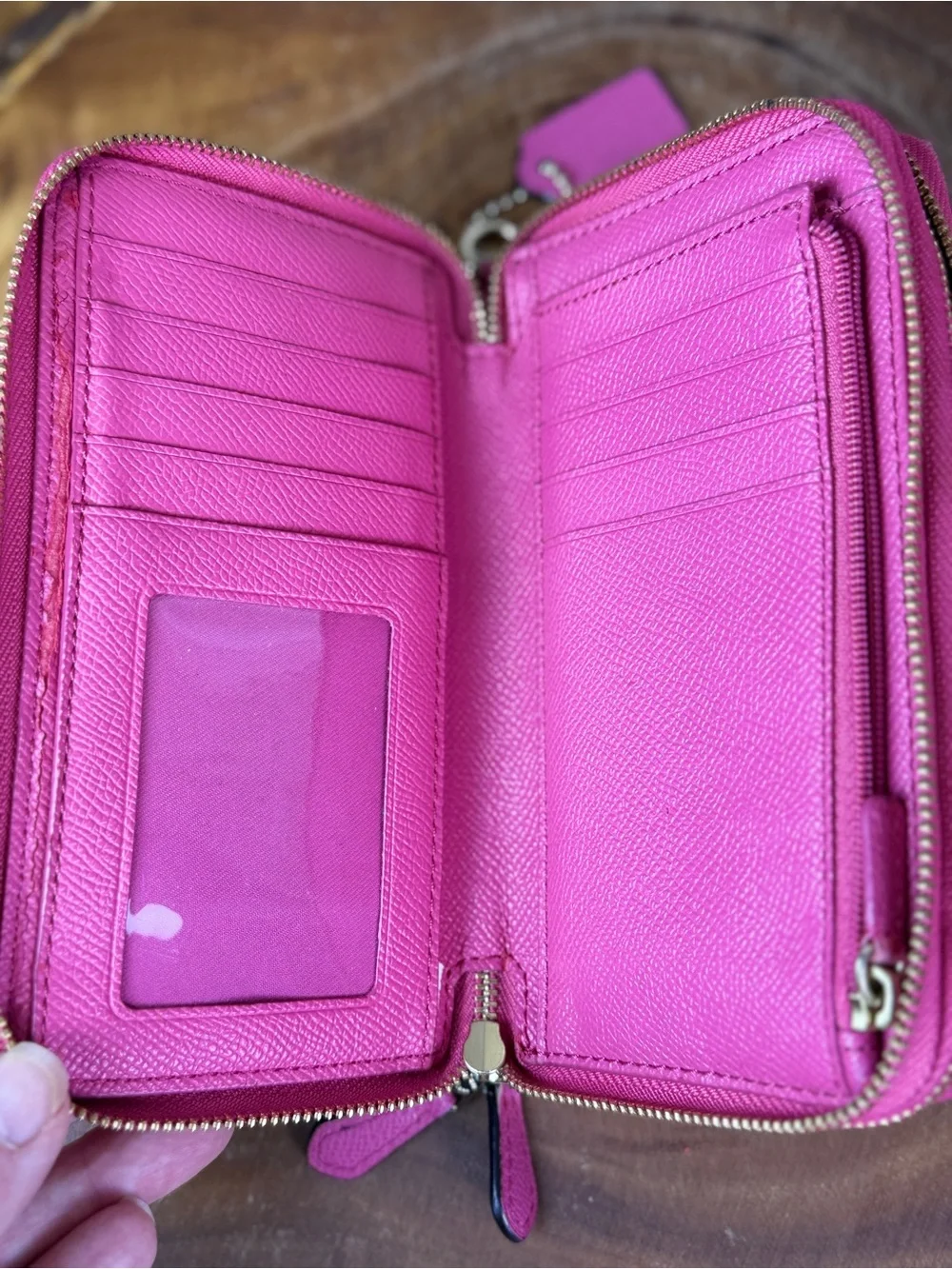 Coach Khaki & Pink Signature Double Zip Phone Wallet Wristlet